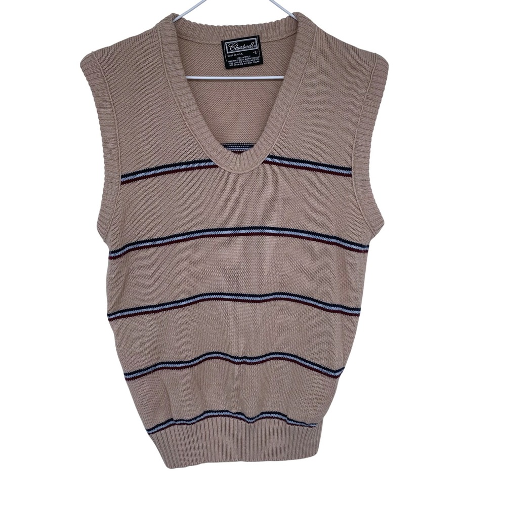 Vintage 80s 90s Chartwell Womens Tan Striped V Neck Knit Sweater Vest Size Large